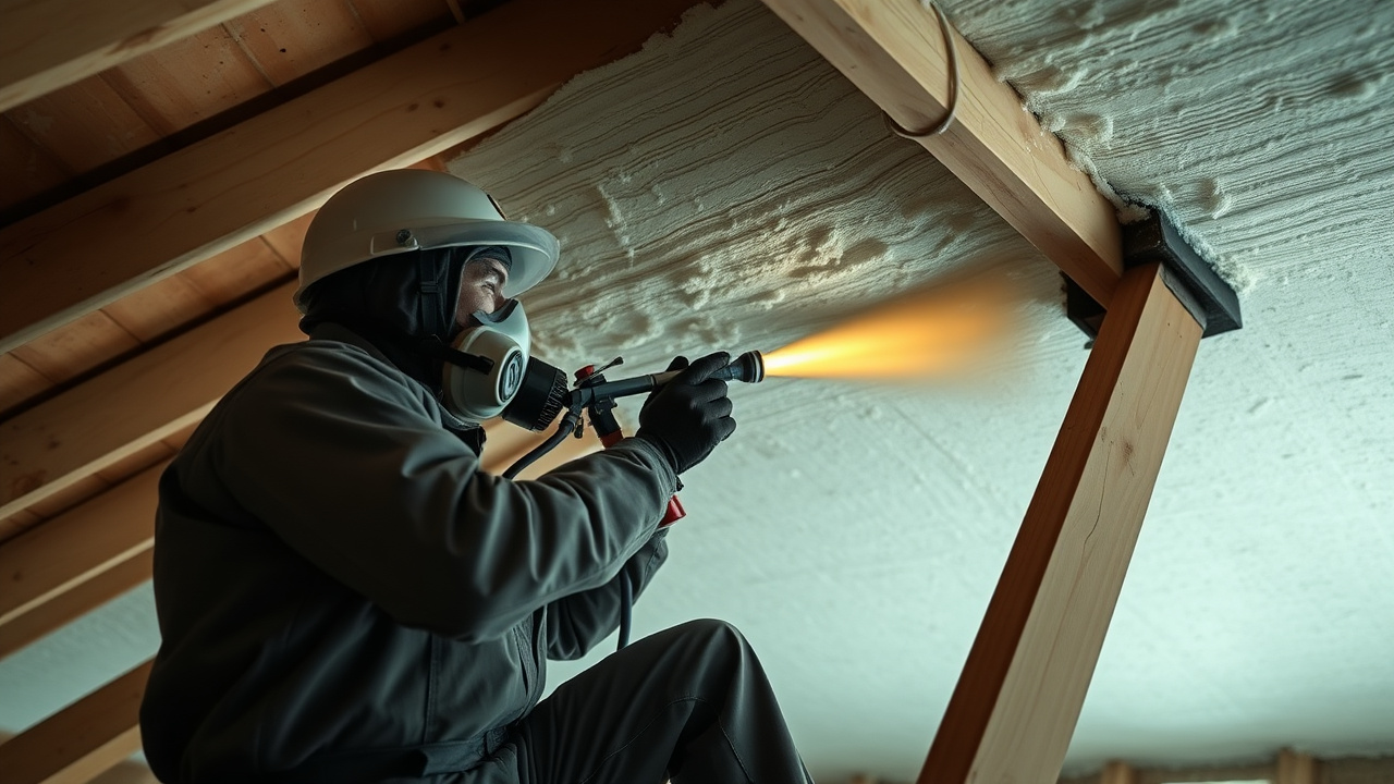 Technician spray-applying closed-cell spray foam insulation to a roof deck in a Jacksonville, Florida attic