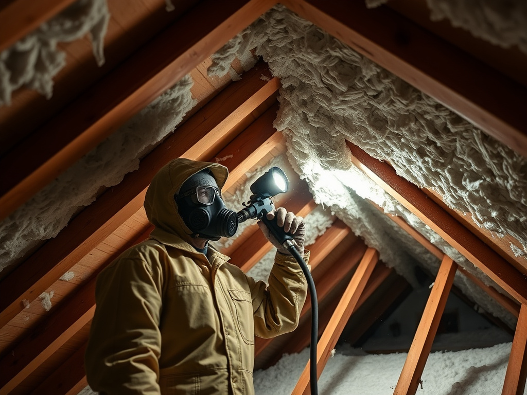 Technician spraying foam insulation onto an attic roof deck